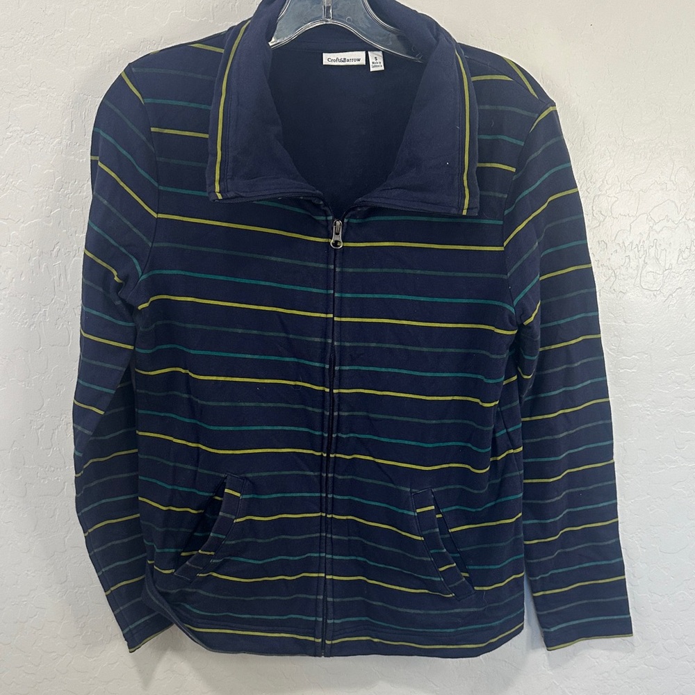 Navy women’s small multi color stripe full zip jacket cotton fisherman granola